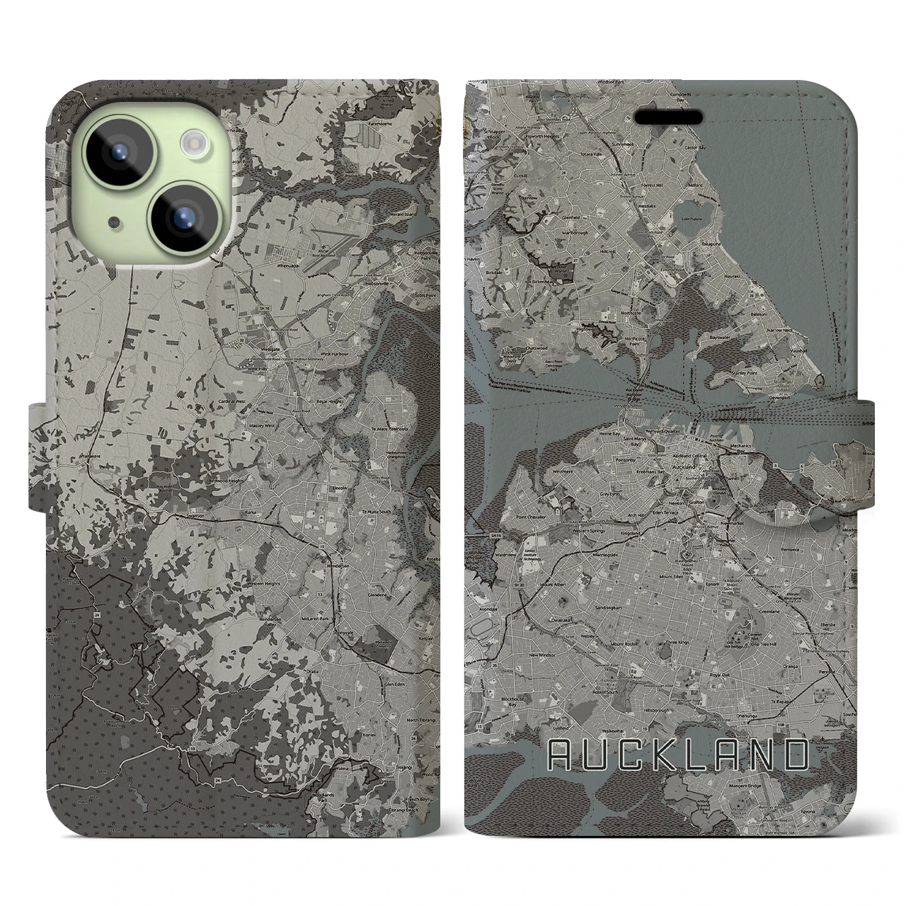【オークランド】地図柄iPhoneケース（手帳両面タイプ・モノトーン）iPhone 15 用