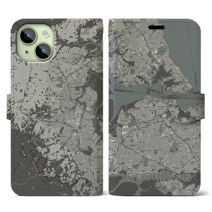【オークランド（ニュージーランド）】地図柄iPhoneケース（手帳タイプ）モノトーン・iPhone 15 用