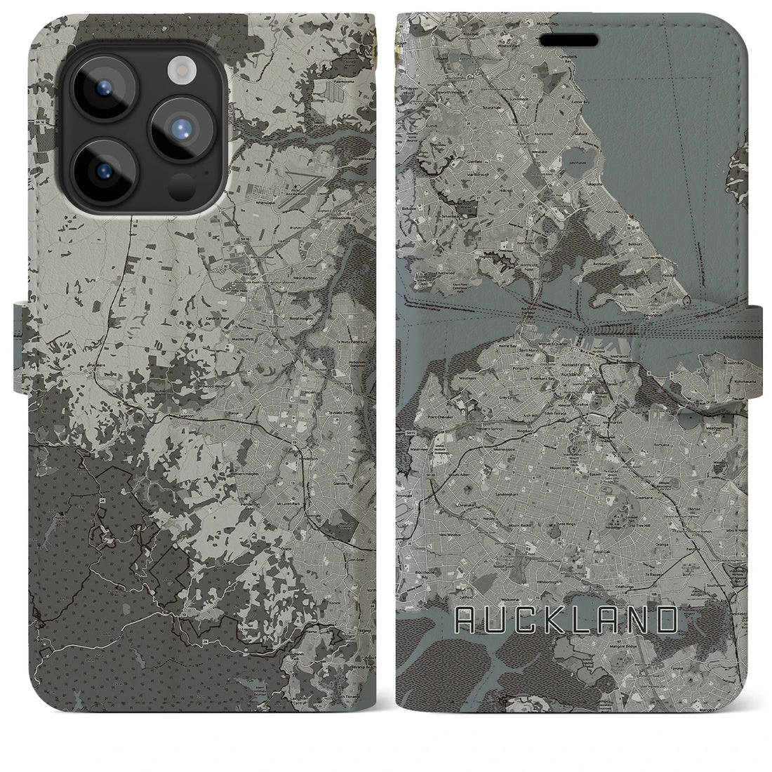 【オークランド】地図柄iPhoneケース（手帳両面タイプ・モノトーン）iPhone 15 Pro Max 用