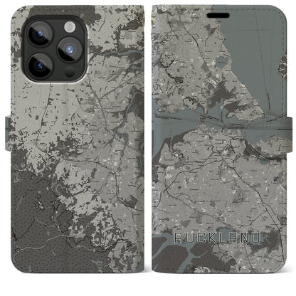 【オークランド（ニュージーランド）】地図柄iPhoneケース（手帳タイプ）モノトーン・iPhone 15 Pro Max 用