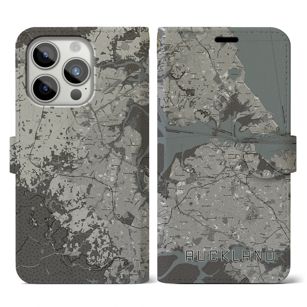 【オークランド】地図柄iPhoneケース（手帳両面タイプ・モノトーン）iPhone 15 Pro 用