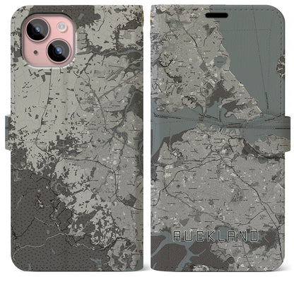【オークランド（ニュージーランド）】地図柄iPhoneケース（手帳タイプ）モノトーン・iPhone 15 Plus 用