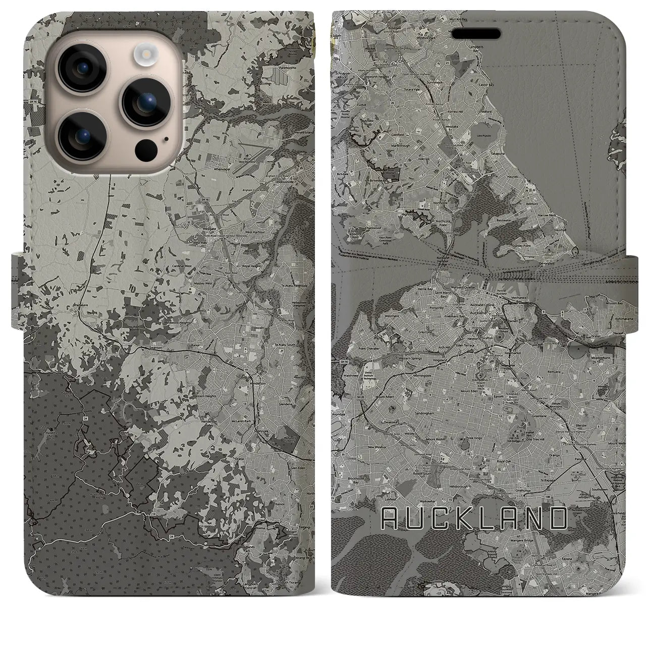 【オークランド（ニュージーランド）】地図柄iPhoneケース（手帳タイプ）モノトーン・iPhone 16 Plus 用