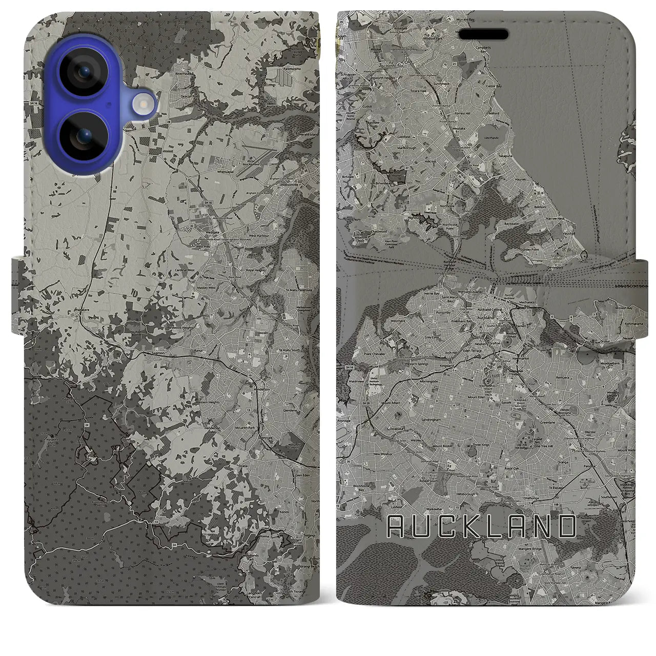 【オークランド（ニュージーランド）】地図柄iPhoneケース（手帳タイプ）モノトーン・iPhone 16 Pro Max 用