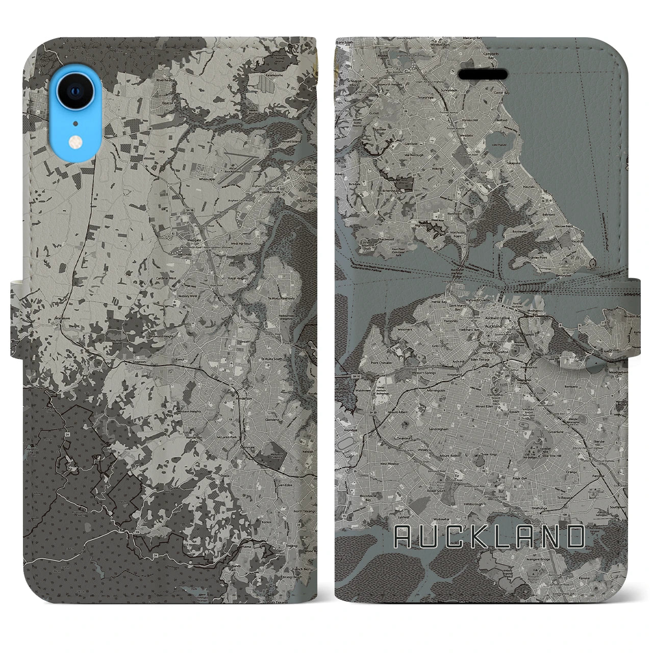 【オークランド】地図柄iPhoneケース（手帳両面タイプ・モノトーン）iPhone XR 用