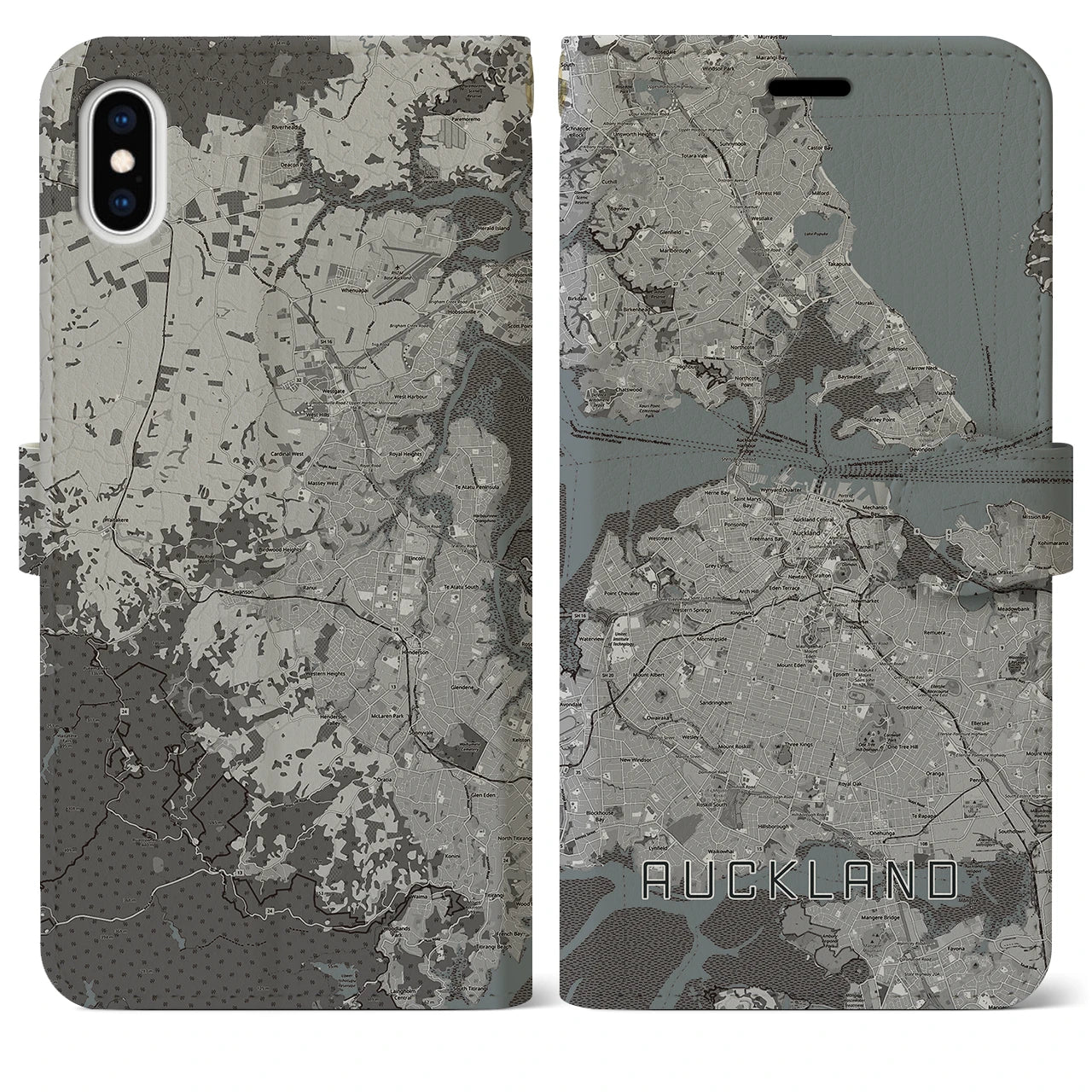 【オークランド】地図柄iPhoneケース（手帳両面タイプ・モノトーン）iPhone XS Max 用