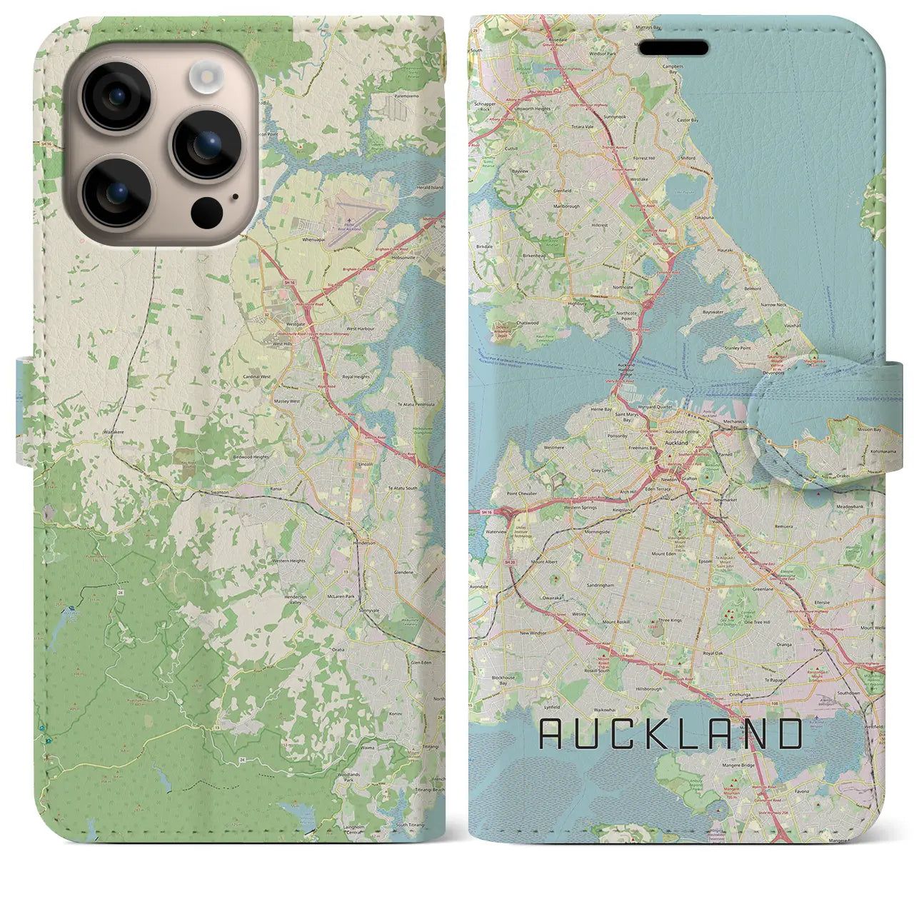 【オークランド（ニュージーランド）】地図柄iPhoneケース（手帳タイプ）ナチュラル・iPhone 16 Plus 用