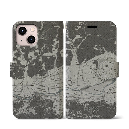 【阿波（徳島県）】地図柄iPhoneケース（手帳タイプ）モノトーン・iPhone 13 mini 用