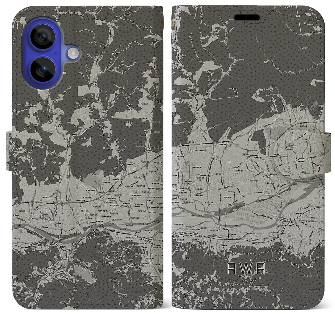 【阿波(徳島県)】地図柄iPhoneケース(手帳タイプ)モノトーン・iPhone 16 Pro Max 用