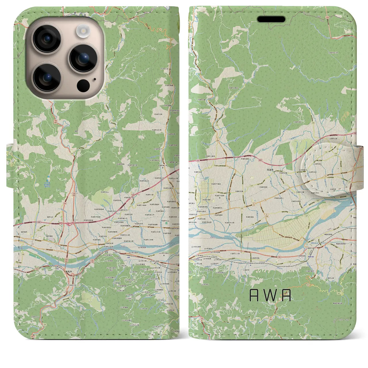 【阿波（徳島県）】地図柄iPhoneケース（手帳タイプ）ナチュラル・iPhone 16 Plus 用