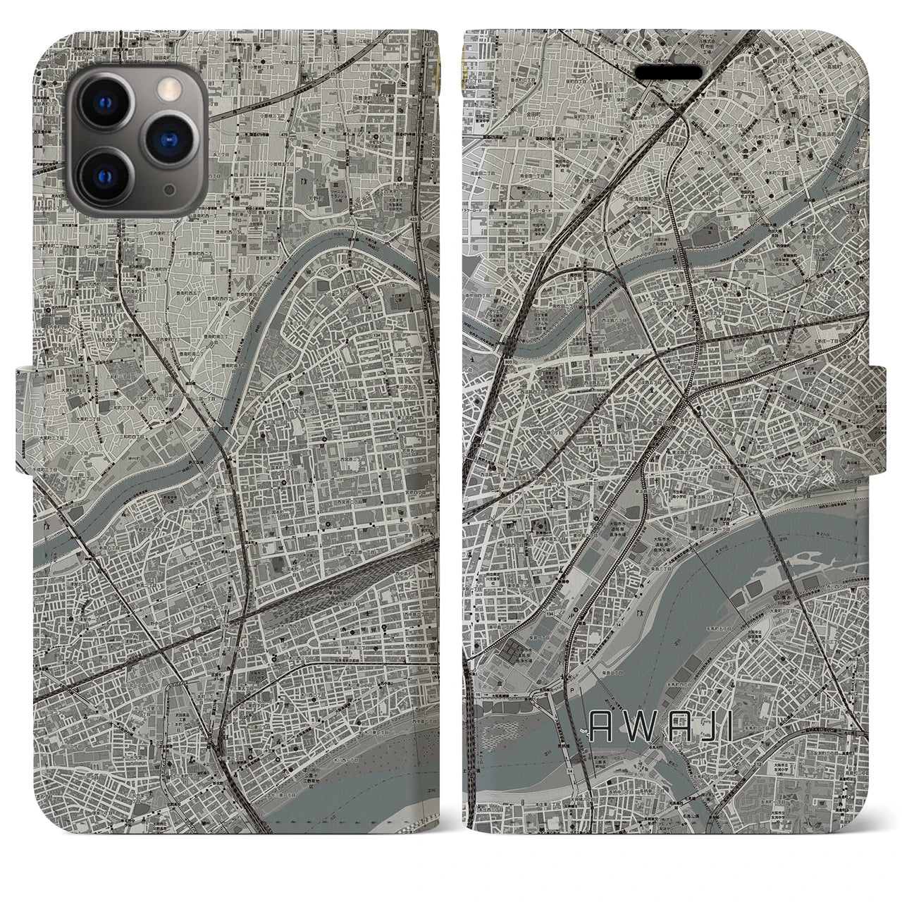 【淡路（大阪府）】地図柄iPhoneケース（手帳両面タイプ・モノトーン）iPhone 11 Pro Max 用