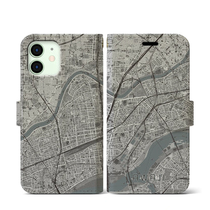 【淡路（大阪府）】地図柄iPhoneケース（手帳タイプ）モノトーン・iPhone 12 mini 用
