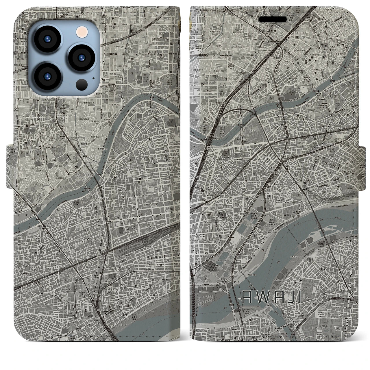 【淡路（大阪府）】地図柄iPhoneケース（手帳両面タイプ・モノトーン）iPhone 13 Pro Max 用