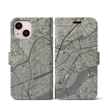 【淡路（大阪府）】地図柄iPhoneケース（手帳タイプ）モノトーン・iPhone 13 mini 用