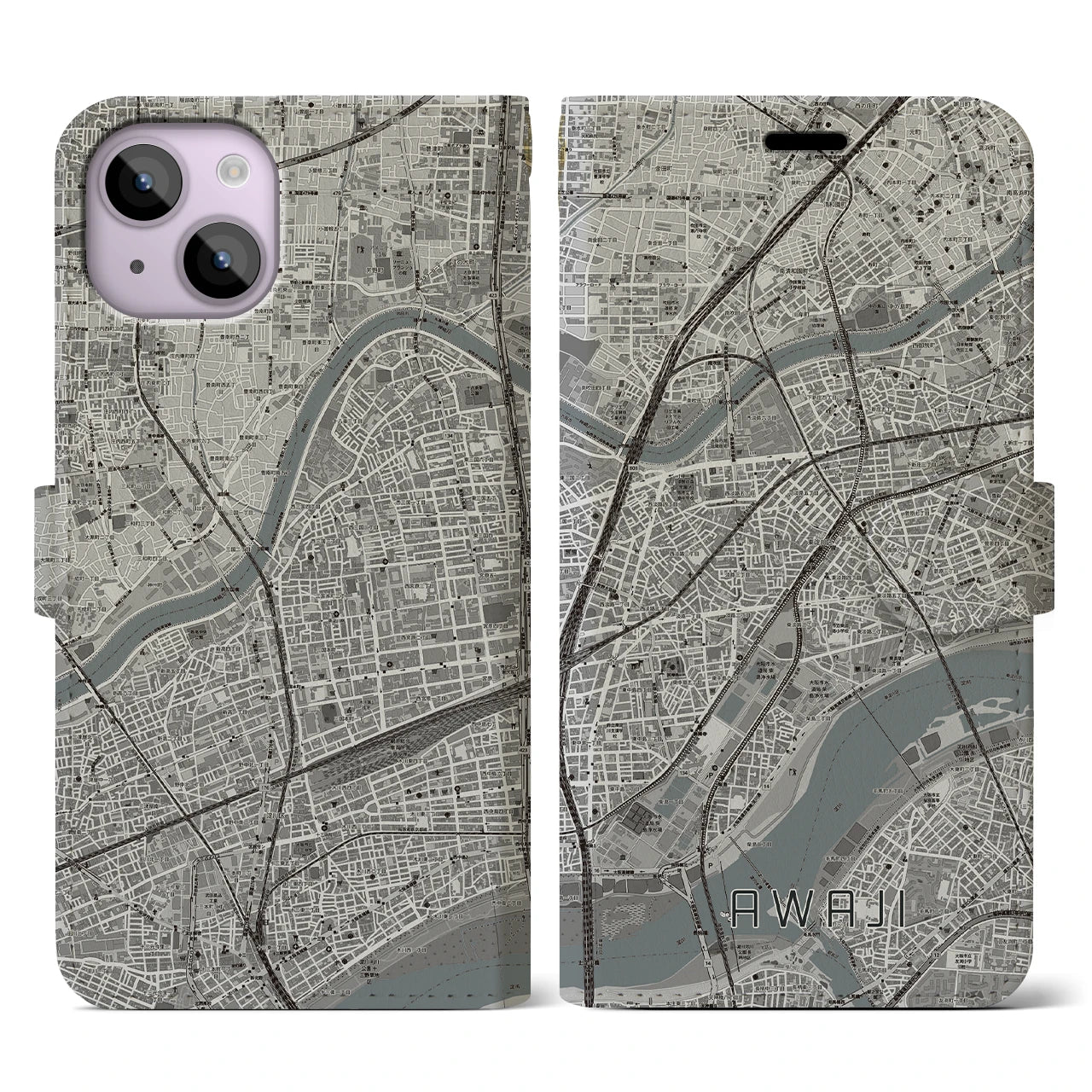 【淡路（大阪府）】地図柄iPhoneケース（手帳両面タイプ・モノトーン）iPhone 14 用