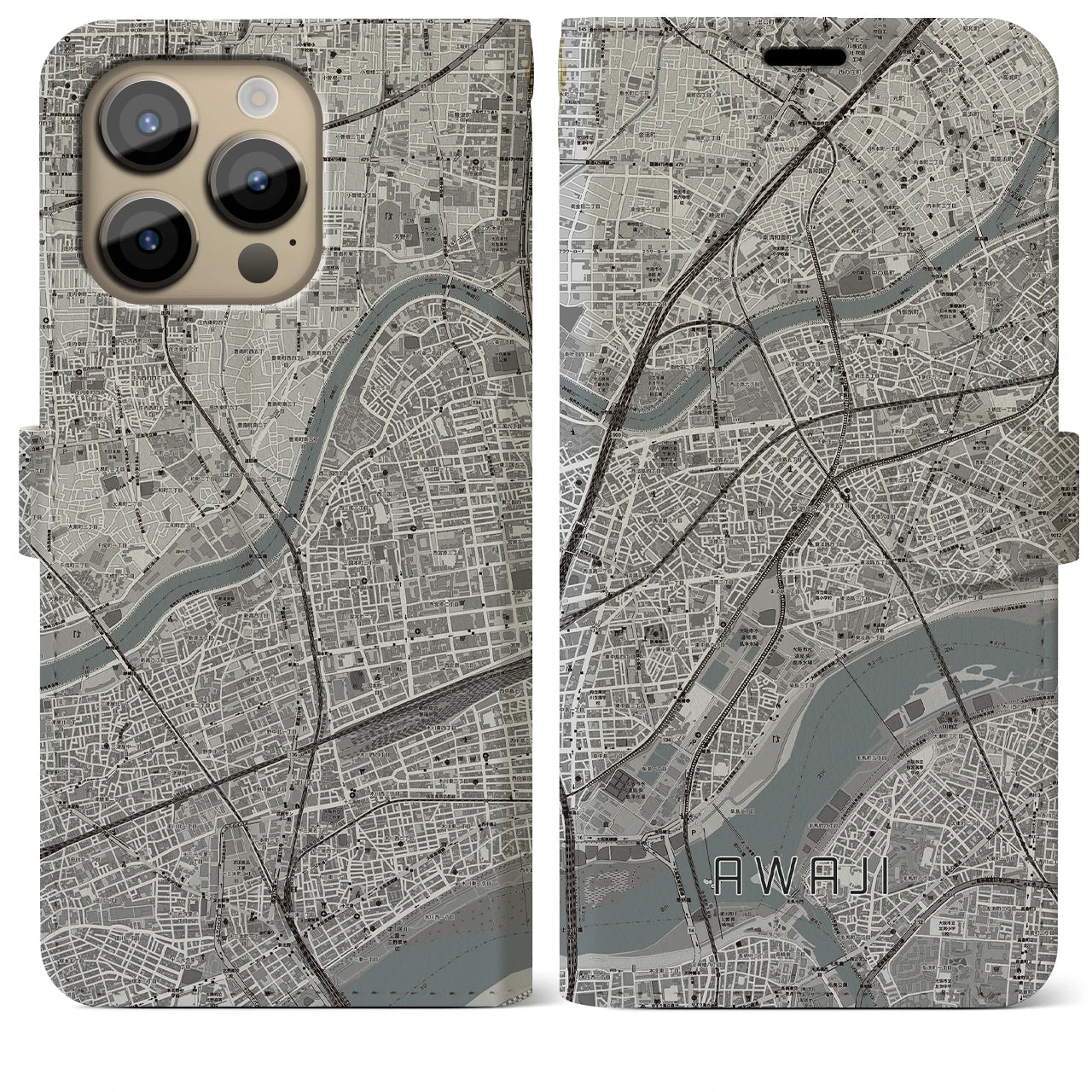 【淡路（大阪府）】地図柄iPhoneケース（手帳両面タイプ・モノトーン）iPhone 14 Pro Max 用