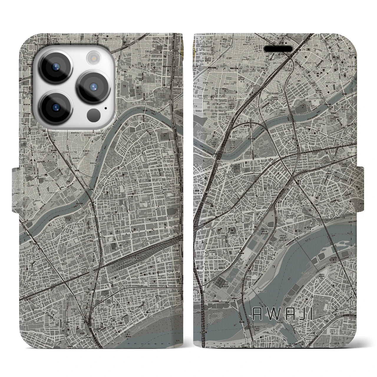 【淡路（大阪府）】地図柄iPhoneケース（手帳両面タイプ・モノトーン）iPhone 14 Pro 用