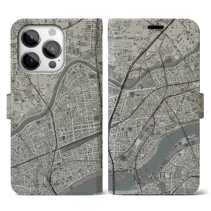 【淡路（大阪府）】地図柄iPhoneケース（手帳タイプ）モノトーン・iPhone 14 Pro 用