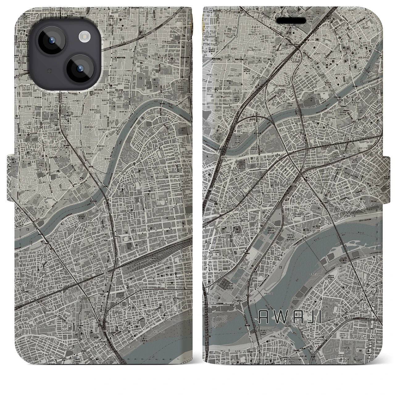 【淡路（大阪府）】地図柄iPhoneケース（手帳両面タイプ・モノトーン）iPhone 14 Plus 用