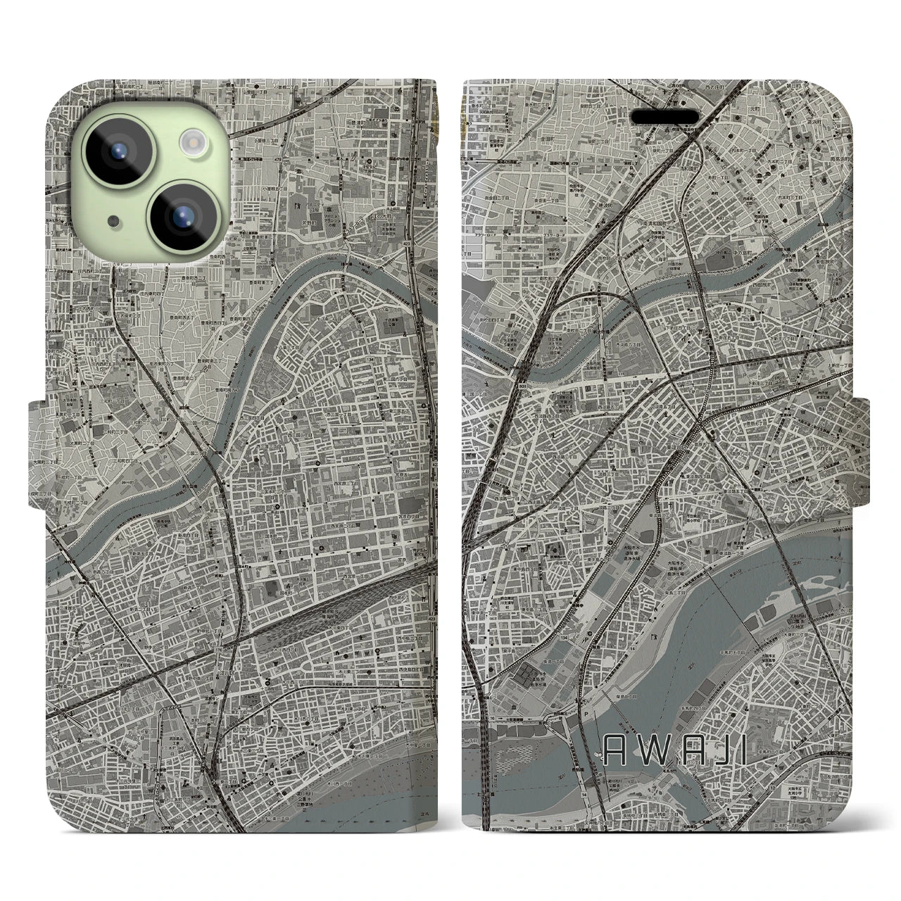 【淡路（大阪府）】地図柄iPhoneケース（手帳両面タイプ・モノトーン）iPhone 15 用