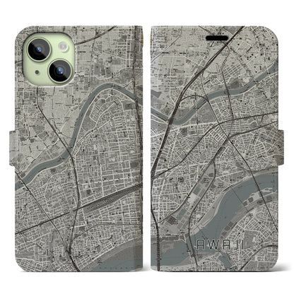【淡路（大阪府）】地図柄iPhoneケース（手帳タイプ）モノトーン・iPhone 15 用