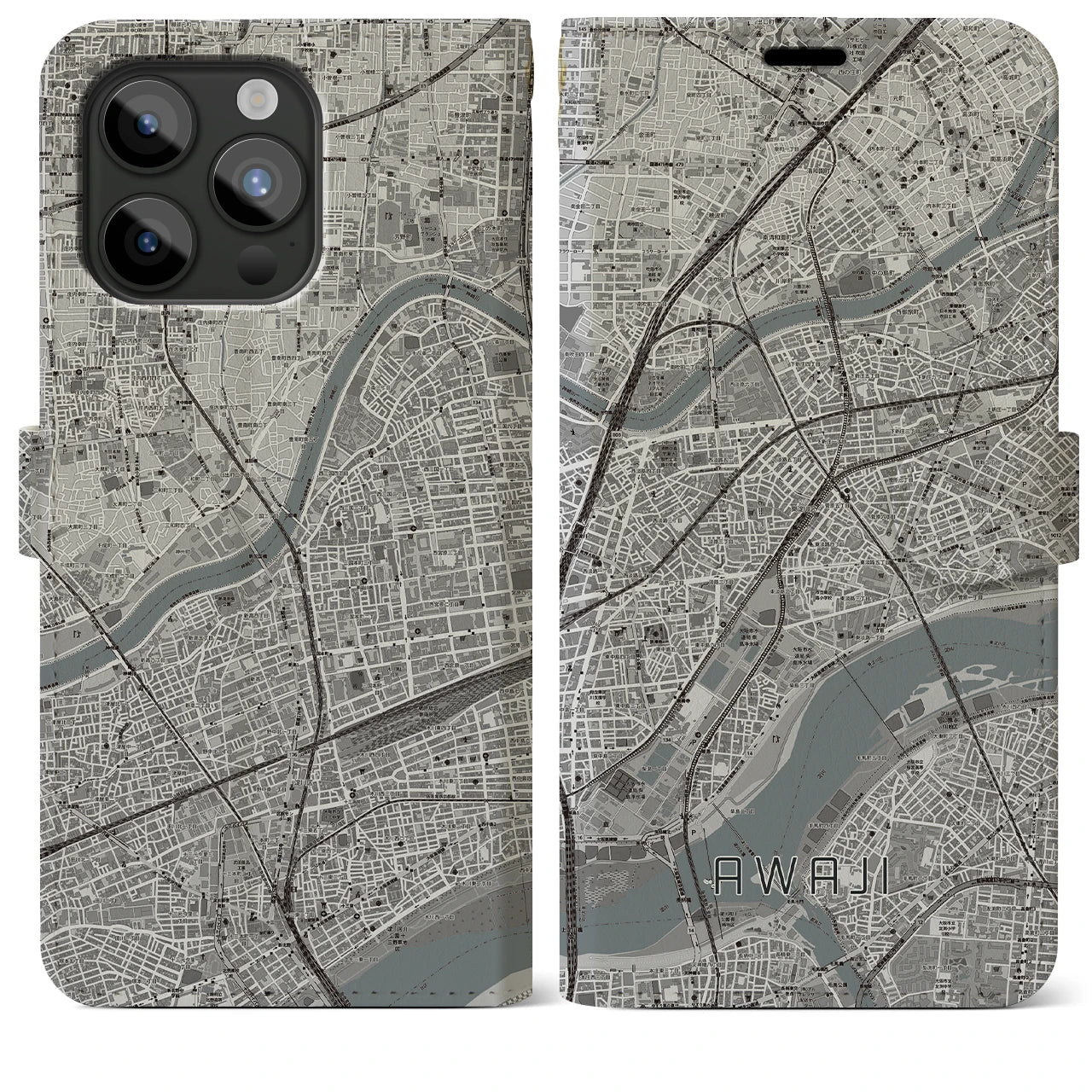 【淡路（大阪府）】地図柄iPhoneケース（手帳両面タイプ・モノトーン）iPhone 15 Pro Max 用
