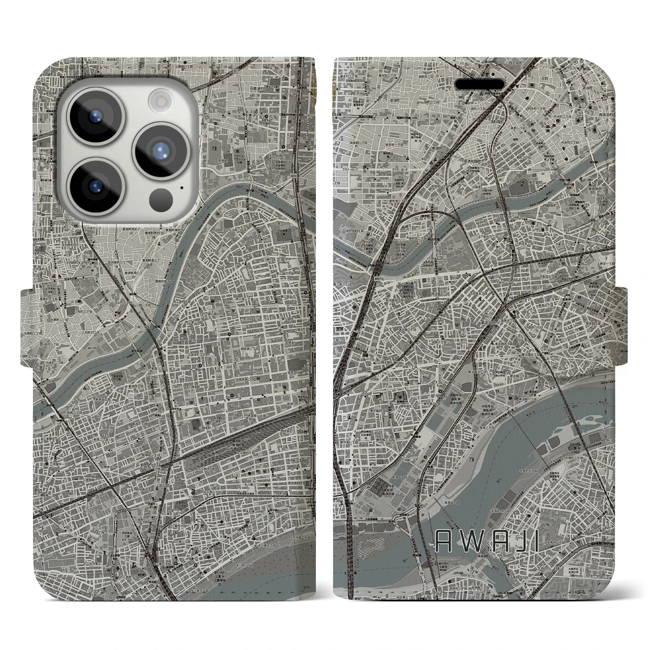 【淡路（大阪府）】地図柄iPhoneケース（手帳両面タイプ・モノトーン）iPhone 15 Pro 用