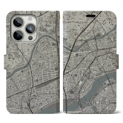 【淡路（大阪府）】地図柄iPhoneケース（手帳タイプ）モノトーン・iPhone 15 Pro 用