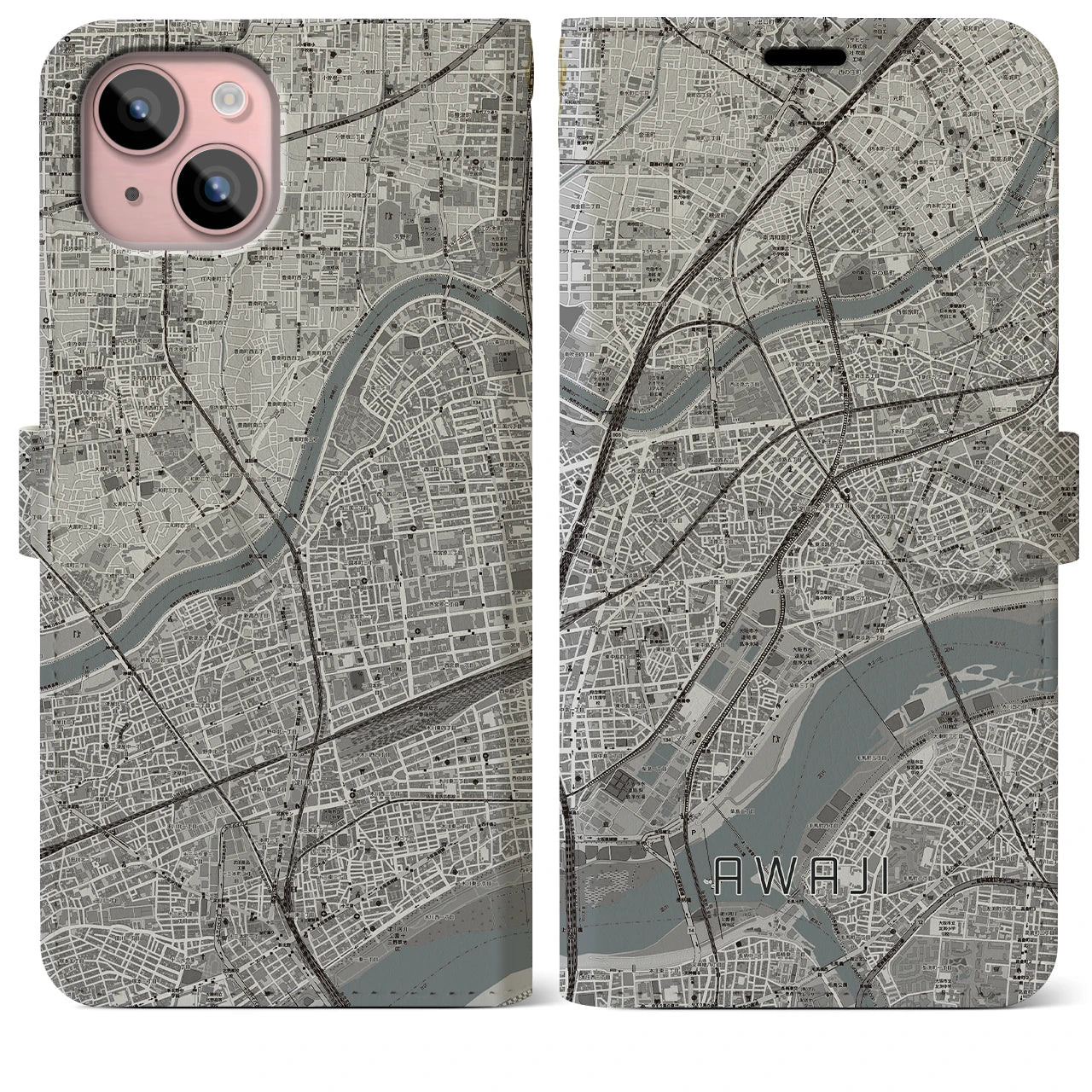 【淡路（大阪府）】地図柄iPhoneケース（手帳両面タイプ・モノトーン）iPhone 15 Plus 用