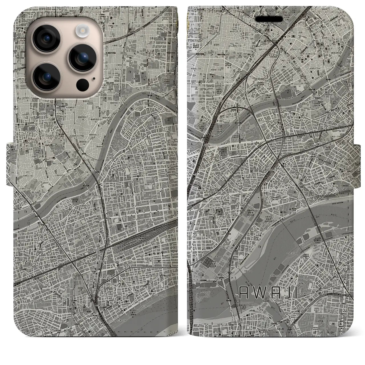 【淡路（大阪府）】地図柄iPhoneケース（手帳タイプ）モノトーン・iPhone 16 Plus 用