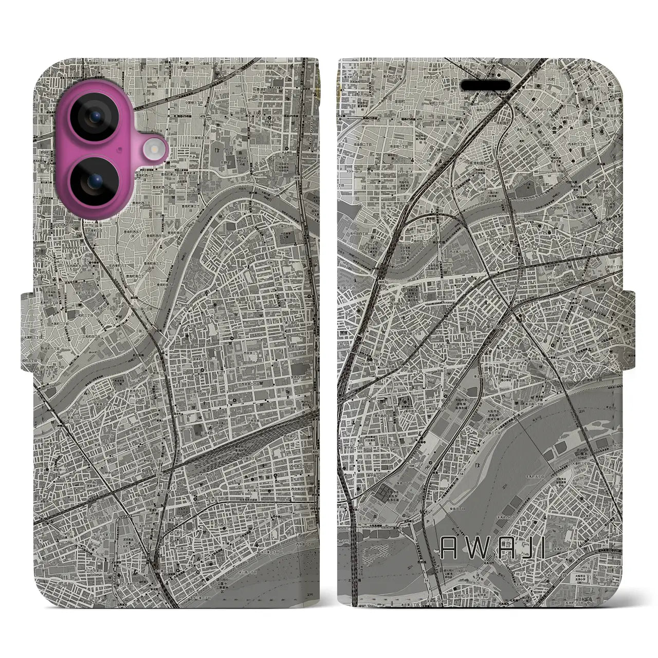 【淡路（大阪府）】地図柄iPhoneケース（手帳タイプ）モノトーン・iPhone 16 Pro 用