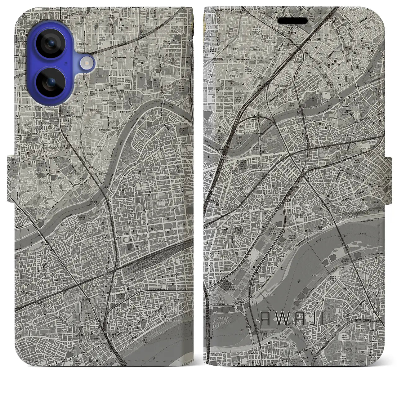 【淡路（大阪府）】地図柄iPhoneケース（手帳タイプ）モノトーン・iPhone 16 Pro Max 用