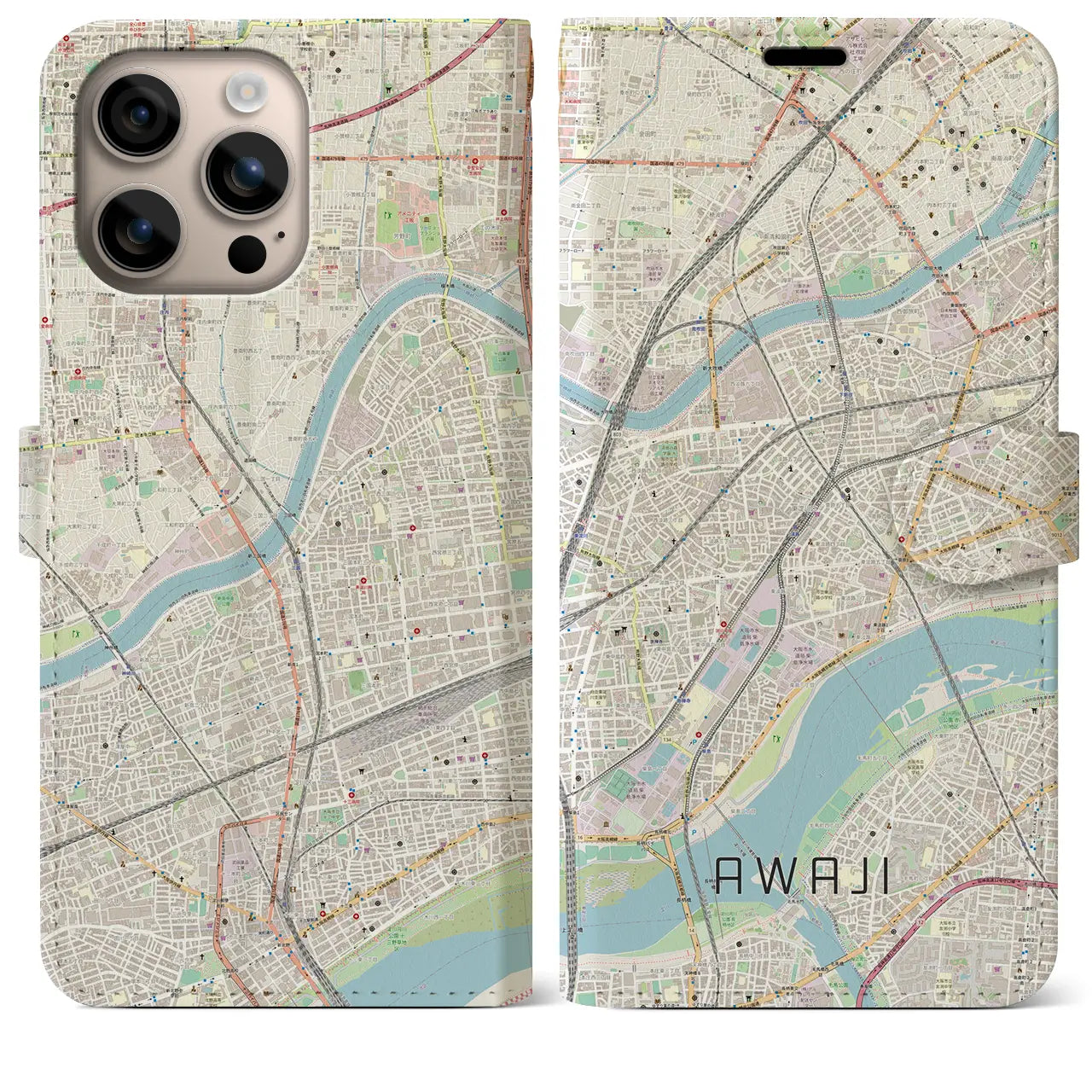 【淡路（大阪府）】地図柄iPhoneケース（手帳タイプ）ナチュラル・iPhone 16 Plus 用