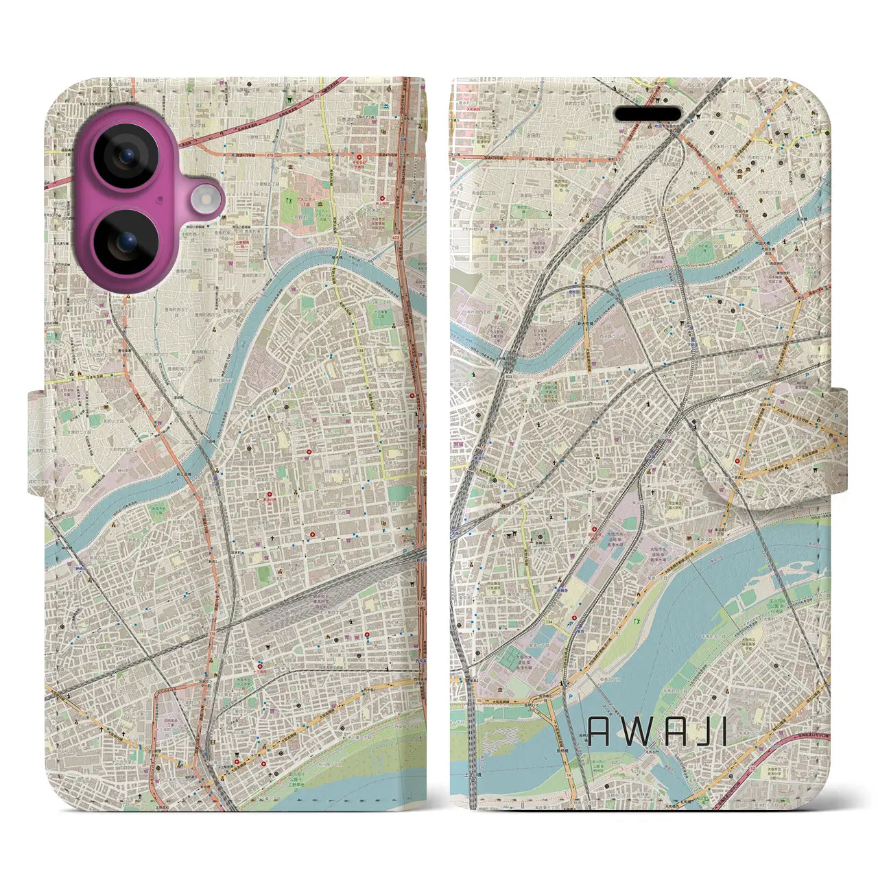 【淡路（大阪府）】地図柄iPhoneケース（手帳タイプ）ナチュラル・iPhone 16 Pro 用