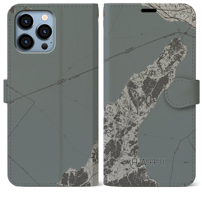 【淡路（兵庫県）】地図柄iPhoneケース（手帳タイプ）モノトーン・iPhone 13 Pro Max 用