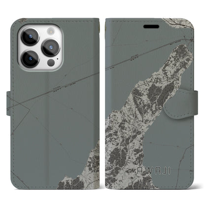 【淡路（兵庫県）】地図柄iPhoneケース（手帳タイプ）モノトーン・iPhone 14 Pro 用