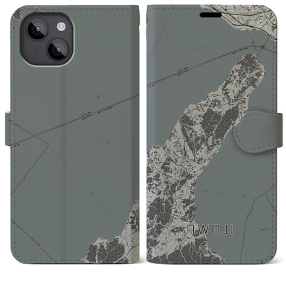 【淡路（兵庫県）】地図柄iPhoneケース（手帳タイプ）モノトーン・iPhone 14 Plus 用