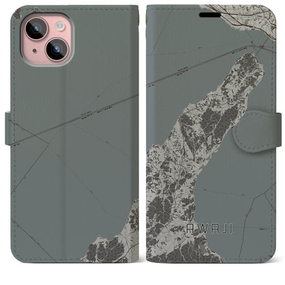 【淡路（兵庫県）】地図柄iPhoneケース（手帳タイプ）モノトーン・iPhone 15 Plus 用