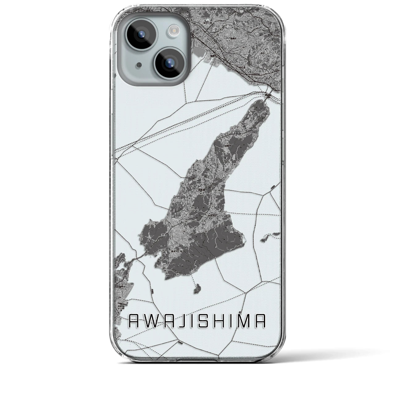 【淡路島2（兵庫県）】地図柄iPhoneケース（クリアタイプ）モノトーン・iPhone 15 Plus 用