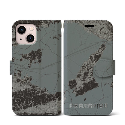 【淡路島2（兵庫県）】地図柄iPhoneケース（手帳タイプ）モノトーン・iPhone 13 mini 用