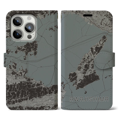 【淡路島2（兵庫県）】地図柄iPhoneケース（手帳タイプ）モノトーン・iPhone 15 Pro 用