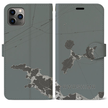 【粟島（香川県）】地図柄iPhoneケース（手帳タイプ）モノトーン・iPhone 11 Pro Max 用