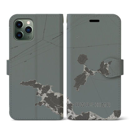 【粟島（香川県）】地図柄iPhoneケース（手帳タイプ）モノトーン・iPhone 11 Pro 用