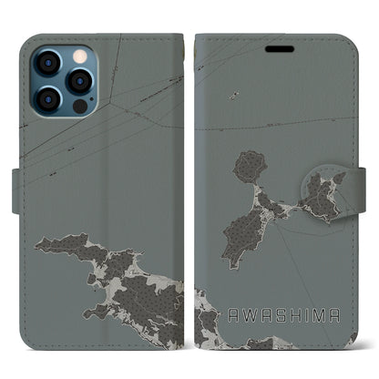 【粟島（香川県）】地図柄iPhoneケース（手帳タイプ）モノトーン・iPhone 12 / 12 Pro 用
