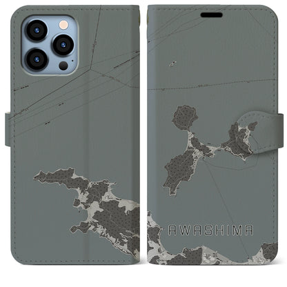 【粟島（香川県）】地図柄iPhoneケース（手帳タイプ）モノトーン・iPhone 13 Pro Max 用