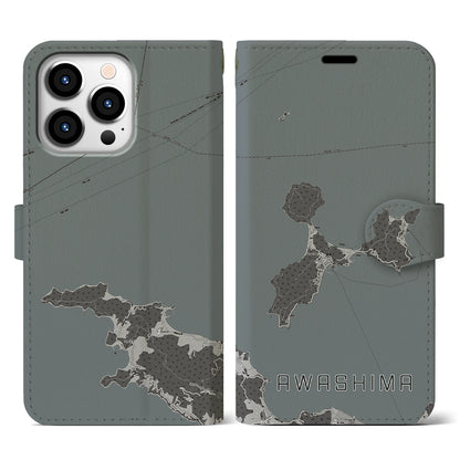 【粟島（香川県）】地図柄iPhoneケース（手帳タイプ）モノトーン・iPhone 13 Pro 用
