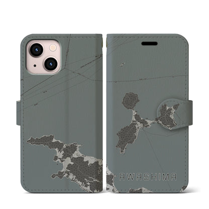 【粟島（香川県）】地図柄iPhoneケース（手帳タイプ）モノトーン・iPhone 13 mini 用