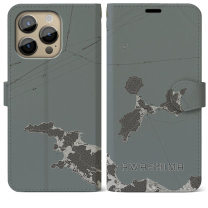 【粟島（香川県）】地図柄iPhoneケース（手帳タイプ）モノトーン・iPhone 14 Pro Max 用