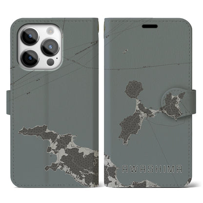 【粟島（香川県）】地図柄iPhoneケース（手帳タイプ）モノトーン・iPhone 14 Pro 用
