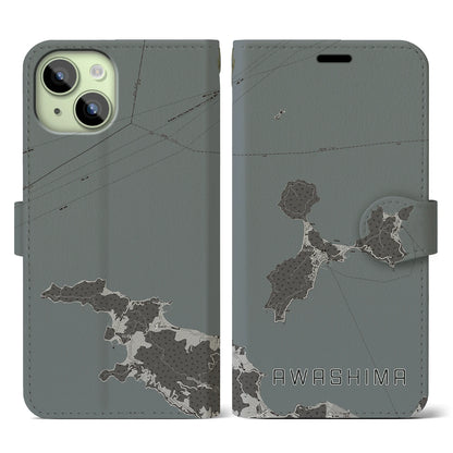 【粟島（香川県）】地図柄iPhoneケース（手帳タイプ）モノトーン・iPhone 15 用